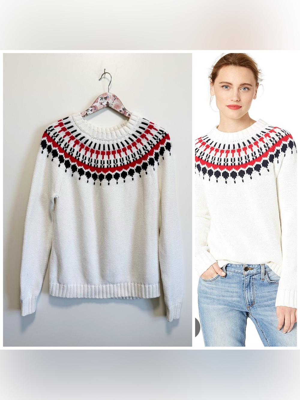 J. CREW White Fair Isle Cotton Sweater Blue Red S Small